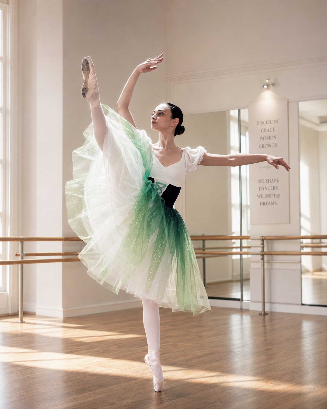 Ballerina in punta con tutù verde e bianco nella sala di Alice Scuola di Danza