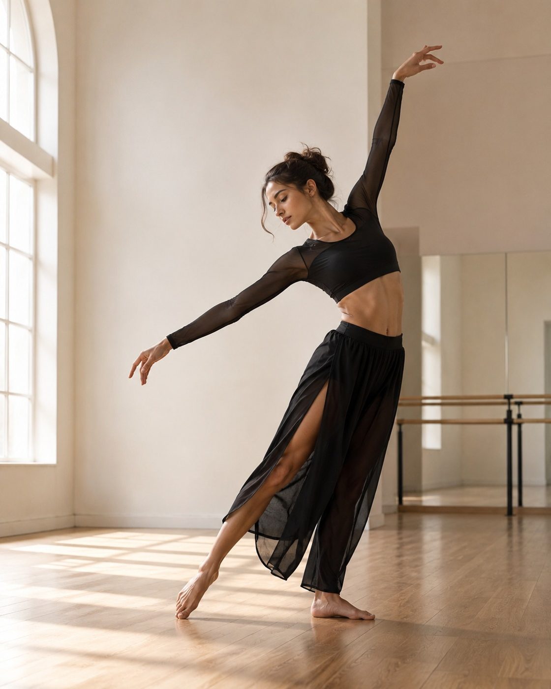 Ballerina di danza moderna in movimento in una sala luminosa